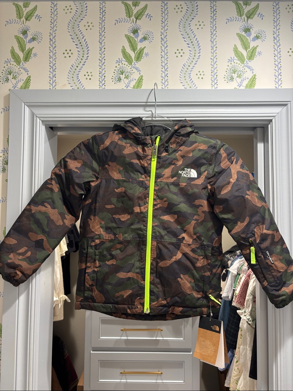 The North Face Brown/Green Camo Jacket with Neon Yellow Zipper